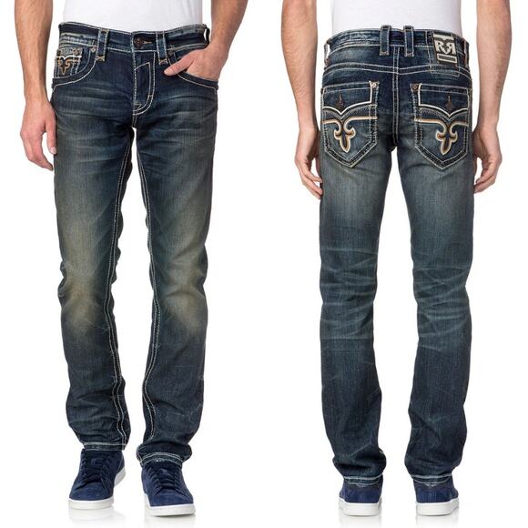 Rock Revival Ziv A3 Straight Leg Jeans Distressed Dark Wash Denim Mens Size 36 - Picture 1 of 14